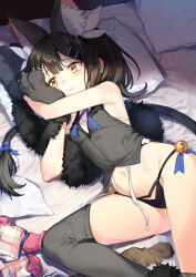 Rule 34 | 1girl, animal ear fluff, animal ears, animal hands, bare shoulders, bell, black hair, black panties, blue ribbon, blush, breasts, cat ears, cat tail, coffeekite, fake animal ears, fate/kaleid liner prisma illya, fate (series), feather hair ornament, feathers, gloves, grey gloves, grey thighhighs, grey vest, hair ornament, hairclip, highres, jingle bell, long hair, looking to the side, lying, miyu edelfelt, miyu edelfelt (beast style), navel, neck ribbon, on side, panties, paw gloves, pillow, ribbon, small breasts, solo, tail, thighhighs, thighs, twintails, underwear, vest, yellow eyes