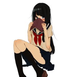 Rule 34 | 1girl, bad id, bad pixiv id, black hair, blue eyes, blush, book, covering face, glasses, highres, lingmuzi, looking at viewer, original, red-framed eyewear, school uniform, solo, white background