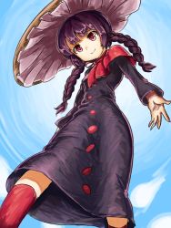 Rule 34 | 1girl, ajirogasa, bad id, bad pixiv id, blue sky, braid, breasts, bright pupils, brown hat, buttons, closed mouth, cloud, dress, from below, grey dress, hat, highres, long hair, long sleeves, nob1109, outdoors, purple hair, red eyes, red legwear, sky, small breasts, smile, solo, touhou, twin braids, white pupils, yatadera narumi