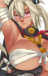 Rule 34 | 10s, 1girl, absurdres, arm up, armpits, bandages, blonde hair, blush, breast hold, breasts, budget sarashi, cape, cleavage, dark skin, dark-skinned female, covered erect nipples, exaxuxer, fingerless gloves, glasses, gloves, headgear, highres, huge breasts, kantai collection, long hair, looking at viewer, musashi (kancolle), personification, pointy hair, red eyes, rimless eyewear, sarashi, solo, sweatdrop, underboob, wavy mouth, white hair