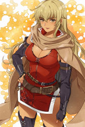 Rule 34 | 1girl, absurdres, belt, black gloves, blonde hair, breasts, brown belt, brown cape, cape, cleavage, commission, dark-skinned female, dark skin, dress, elbow gloves, female focus, fingerless gloves, fire emblem, fire emblem: the binding blade, gloves, hand on own hip, highres, igrene (fire emblem), kanmiya shinobu, large breasts, long hair, looking at viewer, matching hair/eyes, mole, mole under eye, nail polish, nintendo, parted lips, pink nails, red dress, side slit, simple background, skeb commission, sleeveless, sleeveless dress, solo, yellow eyes
