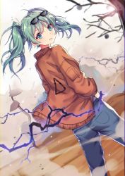 Rule 34 | 1girl, blue eyes, blue pants, brown jacket, dutch angle, earrings, eyewear on head, floating hair, green hair, hand in pocket, hatsune miku, highres, jacket, jewelry, long hair, looking at viewer, looking back, pants, shanguier, solo, standing, suna no wakusei (vocaloid), tree, vocaloid