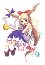 Rule 34 | 1girl, :d, belt, blonde hair, blush, bow, brown eyes, chain, child, female focus, full body, gourd, hair bow, horns, ibuki suika, large bow, long hair, looking at viewer, low-tied long hair, open mouth, ponytail, shoes, simple background, sitting, skirt, smile, socks, solo, star (symbol), studded belt, touhou, very long hair, white socks, yellow eyes