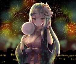 Rule 34 | 1girl, aerial fireworks, arm up, bad id, bad pixiv id, blurry, blurry background, blush, breasts, brown kimono, building, closed mouth, cotton candy, depth of field, facial mark, fingernails, fireworks, food, fox mask, girls&#039; frontline, green eyes, hk416 (girls&#039; frontline), holding, holding food, japanese clothes, kimono, long hair, long sleeves, looking at viewer, mask, mask on head, medium breasts, melings (aot2846), night, night sky, obi, outdoors, sash, scenery, silver hair, sky, solo, very long hair, wide sleeves