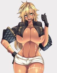 Rule 34 | 1girl, absurdres, bad id, bad twitter id, black gloves, blonde hair, bracelet, breasts, cropped jacket, dark-skinned female, dark skin, gloves, highres, huge breasts, hz (666v), jacket, jewelry, long hair, necklace, open clothes, open jacket, open mouth, original, scar, scar across eye, scar on face, short shorts, shorts, solo, vecky (camui kamui), yellow eyes