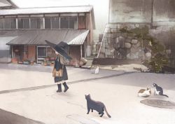 Rule 34 | 1girl, bag, brown hair, cat, hat, house, long hair, muted color, original, road, satchel, scenery, solo, street, walking, wamizu, witch, witch hat