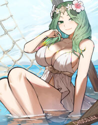 Rule 34 | 1girl, bare shoulders, bikini, blush, breasts, chocojax, cleavage, closed mouth, dress, dress swimsuit, fire emblem, fire emblem: three houses, fire emblem heroes, flower, green eyes, green hair, hair flower, hair ornament, highres, large breasts, long hair, looking at viewer, nintendo, official alternate costume, rhea (fire emblem), rhea (summer) (fire emblem), smile, solo, swimsuit, white bikini