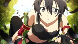Rule 34 | 1girl, black eyes, black hair, collarbone, day, detached sleeves, game cg, hair ribbon, highres, looking at viewer, navel, official art, outdoors, ribbon, sinon, sinon (sao:hf), solo, sword art online, sword art online: hollow fragment, torn clothes, white ribbon