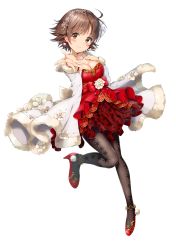 Rule 34 | 1girl, black thighhighs, blush, breasts, brown eyes, brown hair, cape, cleavage, dress, earrings, full body, fur-trimmed cape, fur trim, hair ornament, high heels, highres, honda mio, idolmaster, idolmaster cinderella girls, jewelry, kuria (clear trip second), layered dress, leg up, looking at viewer, medium breasts, necklace, pleated dress, pumps, red dress, red footwear, short dress, short hair, simple background, smile, snowflake hair ornament, solo, thighhighs, white background, white cape