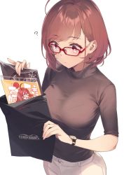 Rule 34 | 1girl, 92m, ?, ahoge, bag, bra visible through clothes, brand name imitation, breasts, brown eyes, brown hair, brown sweater, closed mouth, commentary request, denim, glasses, highres, holding, holding bag, jeans, kinshi no ane (92m), large breasts, manga (object), original, pants, plastic bag, short hair, sleeves rolled up, solo, sweater, swept bangs, turtleneck, turtleneck sweater, watch, white background, white pants, wristwatch