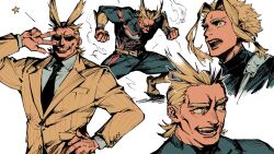 Rule 34 | 1boy, all might, black necktie, blonde hair, blue bodysuit, blue eyes, bodysuit, boku no hero academia, brown jacket, clenched hands, collared shirt, grey shirt, hand on own hip, highres, jacket, male focus, momo jiru, multiple views, necktie, open mouth, shirt, short hair, steam, striped clothes, striped jacket, teeth, v, vertical-striped clothes, vertical-striped jacket