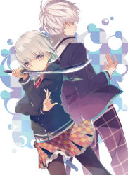 Rule 34 | 1boy, 1girl, blazer, booota, cardigan, checkered clothes, checkered skirt, closed mouth, dutch angle, grey hair, hand up, holding, holding sword, holding weapon, jacket, looking at viewer, open clothes, open jacket, pants, pantyhose, plaid, plaid pants, purple eyes, red skirt, school uniform, short hair, skirt, sword, weapon, your my hero