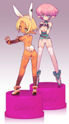 Rule 34 | 2girls, 3d, :o, animal ears, armband, ass, back, bad id, bad pixiv id, bare shoulders, belt, belt skirt, blade (galaxist), blonde hair, blue eyes, blush, breasts, breasts out, dark-skinned female, dark skin, elbow gloves, elf, fake animal ears, fake tail, fingerless gloves, from behind, full body, garter straps, gloves, gradient background, hairband, halterneck, kneehighs, kneepits, lace, lace-trimmed panties, lace trim, long pointy ears, looking at viewer, looking back, multiple girls, nipples, open mouth, original, outstretched arms, own hands together, panties, panty pull, pink hair, pixiv bottlecap, pointy ears, rabbit ears, rabbit tail, short hair, sideboob, small breasts, socks, standing, sweatdrop, tail, thighhighs, turtleneck, underwear, white legwear, white panties