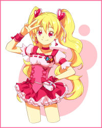 Rule 34 | 00s, 1girl, bad id, bad pixiv id, blonde hair, border, bow, choker, corset, cowboy shot, cure peach, earrings, fresh precure!, hair ornament, hairpin, hand on own hip, heart, heart hair ornament, hip focus, jewelry, long hair, magical girl, momozono love, pink border, pink bow, precure, red eyes, ribbon, rim1010, simple background, skirt, smile, solo, twintails, v, wrist cuffs