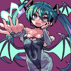 Rule 34 | 1girl, animal print, aqua eyes, aqua hair, badluck2033, bare shoulders, bat print, bat wings, blush, breasts, commentary request, cosplay, covered navel, hatsune miku, head wings, highleg, highleg leotard, leotard, long hair, looking at viewer, low wings, lowres, morrigan aensland, morrigan aensland (cosplay), musical note, oekaki, open mouth, pantyhose, small breasts, solo, twintails, vampire (game), vocaloid, wings
