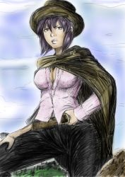 Rule 34 | 1girl, belt, breasts, cape, cleavage, cowboy western, dollars trilogy, drawfag, female focus, ghost in the shell, gradient background, hand on own hip, hat, highres, hip focus, kusanagi motoko, lips, nature, outdoors, plant, purple hair, sky, solo, the good, the bad and the ugly