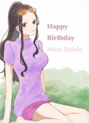 Rule 34 | 1girl, black hair, blue eyes, character name, green background, happy birthday, high ponytail, highres, looking at viewer, millpi01, nico robin, on grass, one piece, pink shorts, ponytail, purple shirt, shirt, short sleeves, shorts, sidelocks, simple background, sitting, smile, solo, sunglasses, turtleneck, turtleneck shirt, white background