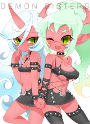 Rule 34 | 2girls, alternate hairstyle, blue hair, blush, breasts, cleavage, colored skin, cosplay, costume switch, demon girl, fang, glasses, green eyes, green hair, horns, inuue kiyu, kneesocks (psg), large breasts, midriff, miniskirt, multicolored eyes, multiple girls, one eye closed, panty &amp; stocking with garterbelt, pointy ears, red skin, scanty (psg), siblings, single horn, sisters, skirt, small breasts, smile, wink, yellow eyes