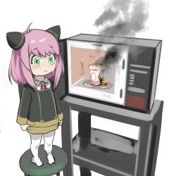 Rule 34 | 1girl, ahoge, anya (spy x family), chair, child, closed mouth, crying, crying with eyes open, cup ramen, eden academy school uniform, failure, fire, full body, green eyes, long sleeves, medium skirt, meme, microwave, pantyhose, pink hair, sashizume soutarou, school uniform, simple background, skirt, smoke, solo, spy x family, standing, tears, white background, white pantyhose