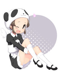 Rule 34 | 1girl, :d, animal hat, apron, blush stickers, child, detached wings, dress, female focus, frills, halftone, hat, heart, highres, hugging own legs, one eye closed, open mouth, original, panda hat, panties, qm, shoes, short hair, smile, solo, underwear, white panties, wings