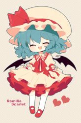 Rule 34 | 1girl, bad id, bad pixiv id, bat wings, blue hair, blush, bow, curtsey, dress, fang, female focus, full body, haru (kyou), hat, heart, open mouth, remilia scarlet, short hair, simple background, smile, solo, touhou, wings