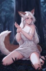 Rule 34 | 1girl, animal ear fluff, animal ears, artist name, blue eyes, blurry, brown eyes, commentary, depth of field, dress, english commentary, fox ears, fox girl, fox tail, freckles, heterochromia, highres, holding own wrist, long hair, losse (personal ami), on ground, original, personal ami, serious, signature, sitting, sleeveless, sleeveless dress, strap slip, tail, torn clothes, torn dress, tree, wariza, white dress, white hair