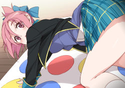 Rule 34 | 10s, 1girl, all fours, amatsuka megumi (gj-bu), ass, bow, female focus, folded ponytail, gj-bu, hair bow, hair ribbon, highres, looking at viewer, miniskirt, mousou (mousou temporary), open mouth, pink eyes, pink hair, plaid, plaid skirt, pleated skirt, ribbon, school uniform, skirt, socks, solo, thighs, twister (game)