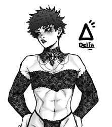 Rule 34 | 1boy, abs, artist name, bandeau, commentary request, commission, delta art, detached collar, detached sleeves, eyeshadow, hands on own hips, highres, makeup, male focus, navel, original, panties, short hair, signature, solo, spanish commentary, trap, underwear