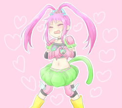 Rule 34 | 1girl, armor, blush, boots, chelsea torn, choker, elbow gloves, closed eyes, flat chest, gloves, hair ornament, heart, long hair, lowres, midriff, navel, open mouth, pink background, pink hair, skirt, tales of (series), tales of destiny, twintails