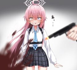 Rule 34 | 1girl, 1other, ahoge, blood, blood splatter, blue archive, blue eyes, blue necktie, blurry, blurry foreground, collared shirt, crying, crying with eyes open, firing, furrowed brow, grey skirt, gun, hair between eyes, halo, handgun, heterochromia, highres, holding, holding gun, holding weapon, hoshino (blue archive), long hair, long sleeves, looking at viewer, nanahosi45, necktie, open mouth, pink hair, plaid, plaid skirt, shirt, skirt, strap, tears, traumatized, upper body, very long hair, weapon, white shirt, yellow eyes