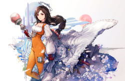 Rule 34 | 1girl, asymmetrical bangs, bird, blue flower, bodysuit, breasts, brown eyes, brown hair, castle, choker, cleavage, dove, dress, feet out of frame, final fantasy, final fantasy ix, flower, garnet til alexandros xvii, gloves, head chain, holding, holding staff, jewelry, lace-up top, long hair, long sleeves, looking to the side, low-tied long hair, medium breasts, orange bodysuit, pendant, puffy long sleeves, puffy sleeves, red gloves, shirt, solo, staff, thigh strap, wedding dress, white dress, white flower, white shirt, yasushi hasegawa, yellow flower