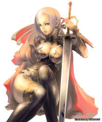 Rule 34 | 1girl, armor, blonde hair, boots, breasts, cape, cleavage, fantasy, hip focus, kikurage (plastic people), large breasts, looking at viewer, solo, sword, thigh boots, thighhighs, weapon