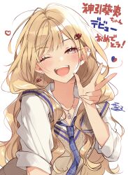 Rule 34 | 1girl, blonde hair, blue necktie, blush, brown eyes, commentary request, copyright request, drop earrings, ear piercing, earrings, gyaru, happy, heart, highres, jewelry, kamibiki aoi, kogal, long hair, looking at viewer, necklace, necktie, official art, one eye closed, open mouth, piercing, school uniform, shirt, signature, simple background, sleeves rolled up, smile, solo, sweater, translation request, upper body, virtual youtuber, w, white background, white shirt, yellow sweater, yukiko (tesseract)