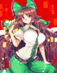 Rule 34 | 1girl, arm cannon, bare arms, blouse, bow, breasts, brown hair, cape, collared shirt, commentary request, frilled bow, frilled shirt, frilled shirt collar, frills, green bow, green skirt, hair bow, hand on own thigh, hand up, highres, hip focus, impossible clothes, impossible shirt, large breasts, long hair, long skirt, materializing, parted bangs, parted lips, puffy short sleeves, puffy sleeves, red background, red eyes, reiuji utsuho, shirt, short sleeves, simple background, sitting, skirt, smile, solo, sparkle, third eye, touhou, umigarasu (kitsune1963), unaligned breasts, upper body, very long hair, weapon, white cape, white shirt, wing collar, wings