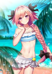 Rule 34 | 1boy, astolfo (fate), astolfo (sparkling frills) (fate), beach, bikini, black bow, bow, braid, closed mouth, commentary request, dated, day, fate/apocrypha, fate/extella, fate/extella link, fate/extra, fate/grand order, fate (series), frilled swimsuit, frills, hair bow, ittokyu, long hair, looking at viewer, male focus, navel, ocean, off-shoulder bikini, off shoulder, official alternate costume, outdoors, pink hair, purple eyes, signature, single braid, smile, solo, standing, swimsuit, trap