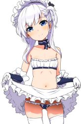 Rule 34 | 1girl, adapted costume, aged down, apron, apron lift, azur lane, bandeau, bare shoulders, belfast (azur lane), bikini, blue eyes, braid, breasts, choker, clearite, clothes lift, cowboy shot, french braid, gloves, gluteal fold, head tilt, little bel (azur lane), long hair, maid, maid bikini, maid headdress, navel, one side up, panties, ribbon choker, side-tie panties, side braid, simple background, small breasts, smile, solo, swimsuit, thighhighs, unconventional maid, underwear, waist apron, white background, white hair, white thighhighs