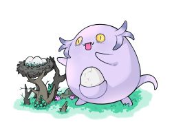 Rule 34 | alolan form, alternate color, alternate shiny pokemon, chansey, colored skin, commentary, creature, creatures (company), egg, excarabu, fangs, flower, full body, game freak, gen 1 pokemon, grass, nest, nintendo, no humans, outdoors, pokemon, pokemon (creature), purple skin, reaching, simple background, solo, standing, tongue, tongue out, white background, yellow eyes