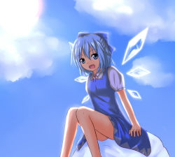 Rule 34 | baram, blue eyes, blue hair, bow, cirno, cloud, day, hair bow, legs, open mouth, short hair, sitting, sky, solo, touhou, wings