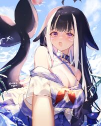 Rule 34 | 1girl, absurdres, animal ears, belt collar, bikini, bikini under clothes, black bikini, black hair, blue sailor collar, blush, breasts, cetacean tail, cleavage, collar, facial mark, fins, fish tail, halterneck, highres, indie virtual youtuber, large breasts, linea alba, long hair, looking at viewer, multicolored hair, neckerchief, nekomeen, orca girl, purple eyes, red neckerchief, reflection, reflective water, sailor collar, shylily, shylily (1st costume), streaked hair, sweatdrop, swimsuit, tail, twitter username, upper body, virtual youtuber, white hair