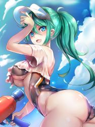 Rule 34 | 1girl, aqua hair, artemis (p&amp;d), ass, black one-piece swimsuit, blue eyes, blue sky, breasts, cloud, cloudy sky, crop top, day, holding, long hair, looking at viewer, medium breasts, one-piece swimsuit, outdoors, ponytail, puzzle &amp; dragons, sky, smile, solo, suoni (deeperocean), swimsuit, underboob, visor cap, water gun, wet