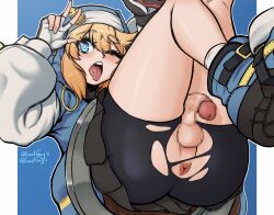Rule 34 | 1boy, androgyne symbol, androgynous, anus, ass, bike shorts, bike shorts under skirt, blonde hair, blue eyes, bridget (guilty gear), censored, cum, cum in ass, fingerless gloves, gloves, guilty gear, guilty gear strive, habit, highres, hood, hood up, hooded jacket, hoodie, jacket, legs up, looking at viewer, lord guyis, male focus, mosaic censoring, one eye closed, open clothes, open hoodie, penis, shoes, solo, testicles, thick thighs, thighs, tongue, tongue out, torn clothes, trap, v, yo-yo