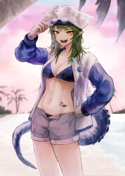 Rule 34 | 1girl, absurdres, aiv, arknights, blue-tinted eyewear, breasts, cleavage, crocodilian tail, eyewear on head, gavial (arknights), gavial the invincible (arknights), gavial the invincible (holiday) (arknights), green hair, grey shorts, highres, jacket, long hair, long sleeves, looking at viewer, material growth, medium breasts, navel, octagonal eyewear, official alternate costume, open clothes, open fly, open jacket, oripathy lesion (arknights), palm tree, pointy ears, short shorts, shorts, smile, solo, standing, stomach, sunglasses, tail, tinted eyewear, tree, white headwear, yellow eyes