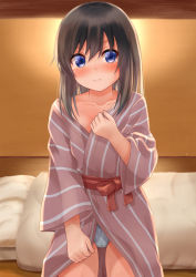 Rule 34 | 1girl, asashio (kancolle), bath yukata, black hair, blue eyes, blue panties, collarbone, comiching, commentary request, facing viewer, full body, futon, highres, japanese clothes, kantai collection, kimono, long hair, looking to the side, panties, seiza, sitting, solo, striped clothes, striped kimono, translation request, underwear, yukata