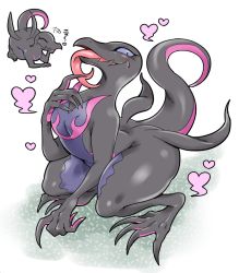 Rule 34 | 1girl, ass, blush, colored sclera, creatures (company), doboshiru, full body, furry, game freak, gen 7 pokemon, looking at viewer, multiple views, nintendo, no humans, open mouth, pokemon, pokemon (creature), purple sclera, salazzle, simple background, squatting, tail, thick thighs, thighs, tongue, tongue out, white background