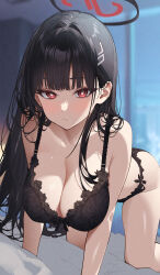 1girl all_fours black_hair black_halo blue_archive blush breasts bright_pupils cleavage closed_mouth commentary_request hair_intakes hair_ornament hairpin halo highres large_breasts long_hair looking_at_viewer ni_tamago_sando red_eyes rio_(blue_archive) solo thighs underwear underwear_only very_long_hair white_pupils