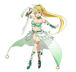 Rule 34 | 10s, 1girl, blonde hair, breasts, cleavage, collarbone, full body, green eyes, hair ornament, holding, holding sword, holding weapon, leafa, long hair, medium breasts, navel, open mouth, panties, pointy ears, ponytail, see-through, simple background, solo, sword, sword art online, sword art online: code register, underwear, weapon, white background, white panties