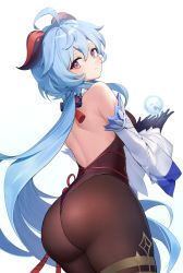Rule 34 | 1girl, absurdres, ahoge, armpit crease, ass, back, backless leotard, bare shoulders, black gloves, black leotard, blue hair, breasts, brown pantyhose, closed mouth, cowboy shot, cupping hands, detached sleeves, from behind, ganyu (genshin impact), genshin impact, gloves, goat horns, highleg, highleg leotard, highres, horns, leotard, long hair, long sleeves, looking at viewer, looking back, medium breasts, orb, own hands together, pantyhose, purple eyes, smile, solo, somyo (s0my0), standing, thighlet, very long hair
