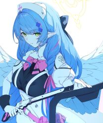 Rule 34 | 1girl, angel wings, blue archive, blue hair, braid, breasts, green eyes, gun, halo, hat, highres, holding, holding gun, holding weapon, juliet sleeves, karasuri, large breasts, lever action, long hair, long sleeves, mine (blue archive), nurse cap, pointy ears, pouch, puffy sleeves, shield, shotgun, weapon, white background, wings