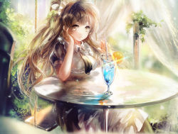 Rule 34 | 10s, 1girl, breast rest, breasts, brown eyes, brown hair, chair, cup, drink, drinking glass, drinking straw, female focus, food, fruit, glass table, juexing (moemoe3345), large breasts, lemon, lemon slice, long hair, looking at viewer, love live!, love live! school idol festival, love live! school idol project, maid, maid headdress, minami kotori, necktie, plant, ponytail, sitting, smile, solo, swing, table, waitress