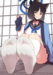 Rule 34 | 1girl, animal ear fluff, animal ears, black choker, black hair, black nails, blue archive, blue footwear, blue halo, blue neckerchief, blue sailor collar, blurry, blurry background, blush, breasts, cat ears, cat girl, choker, collarbone, eyelashes, feet, foot focus, footprints, foreshortening, green eyes, halo, haori, highres, holding, holding sandals, indoors, japanese clothes, jkisaradu, kikyou (blue archive), kneehighs, knees up, large breasts, legs together, long sleeves, looking at viewer, medium hair, nail polish, neckerchief, no shoes, parted bangs, pleated skirt, ribbed socks, sailor collar, sandals, school uniform, serafuku, sitting, skirt, smell, socks, soles, solo, steaming body, thighs, toes, unworn sandals, white socks